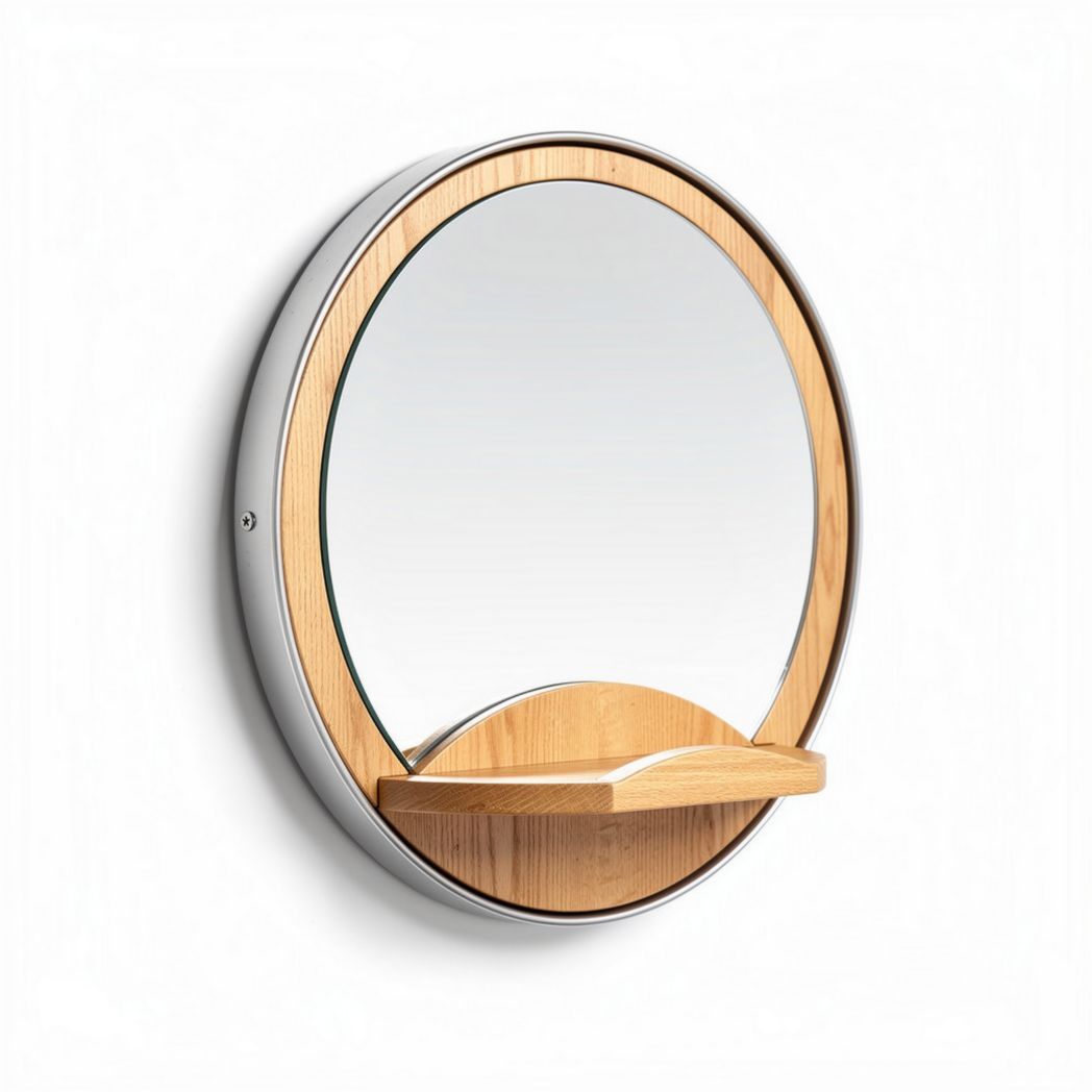 Wall-mounted circular mirror with bamboo shelf - 30 x 30 x 5cm