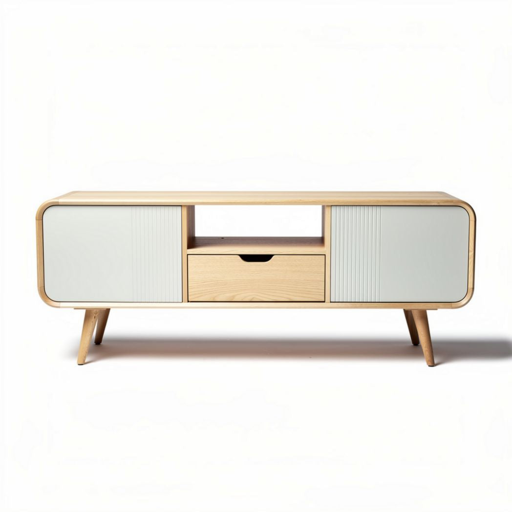 Wooden media console with rattan doors for living room - 120 x 40 x 50cm