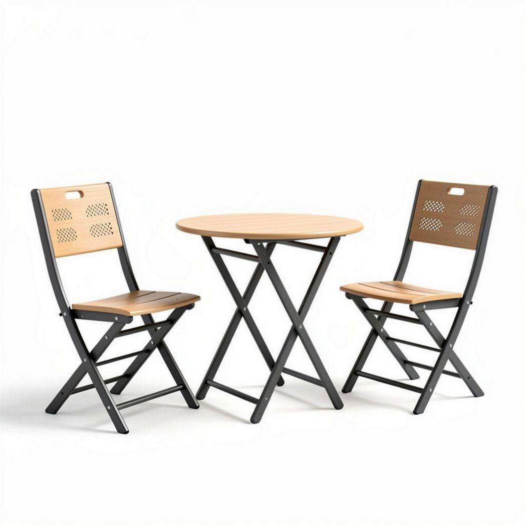 Folding outdoor dining table set with metal frame and wooden seats - 80 x 80 x 75cm